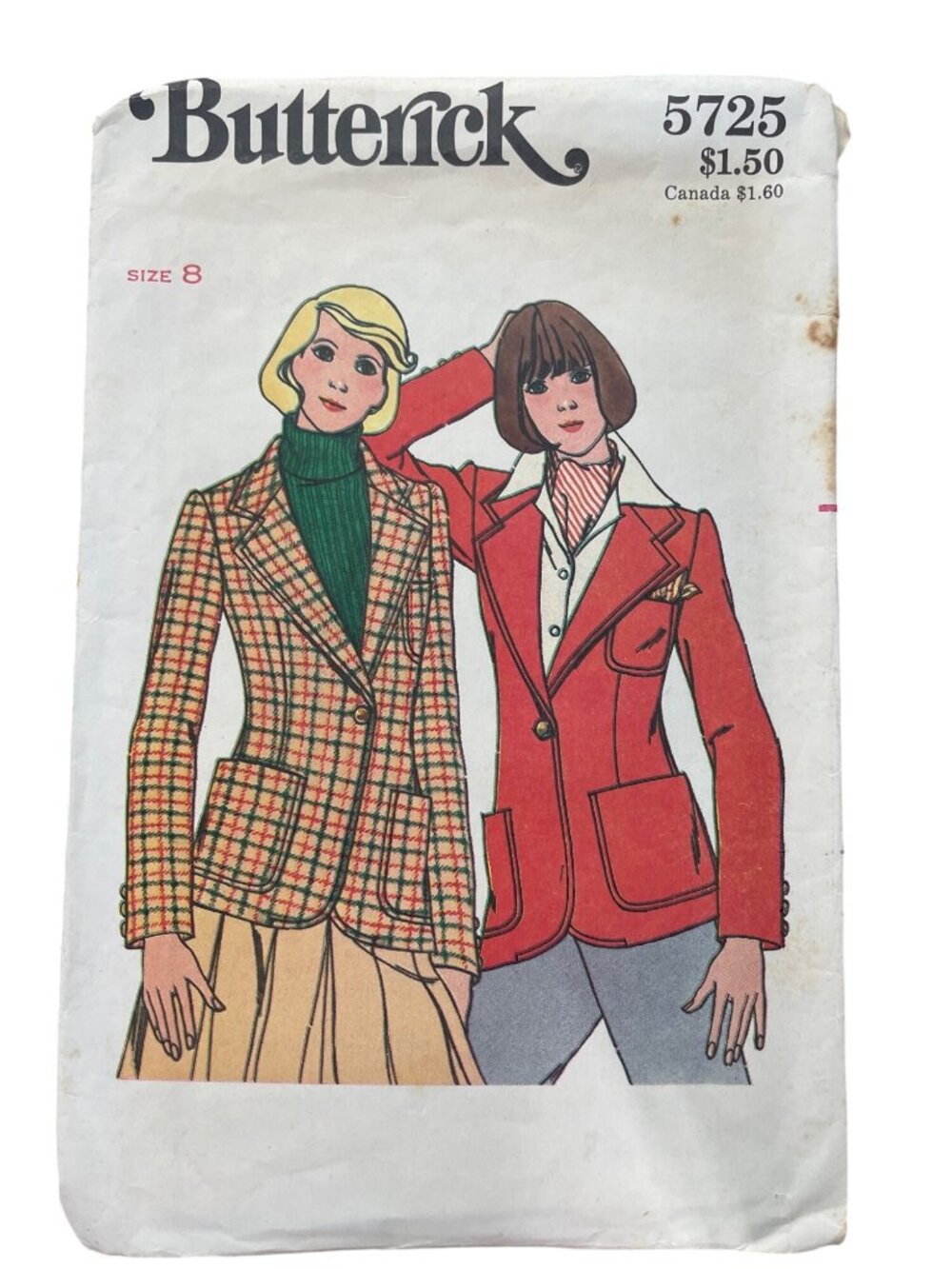 Vintage Butterick 5725 Misses Jacket Sewing Pattern Size 8 Notched Collar CUT